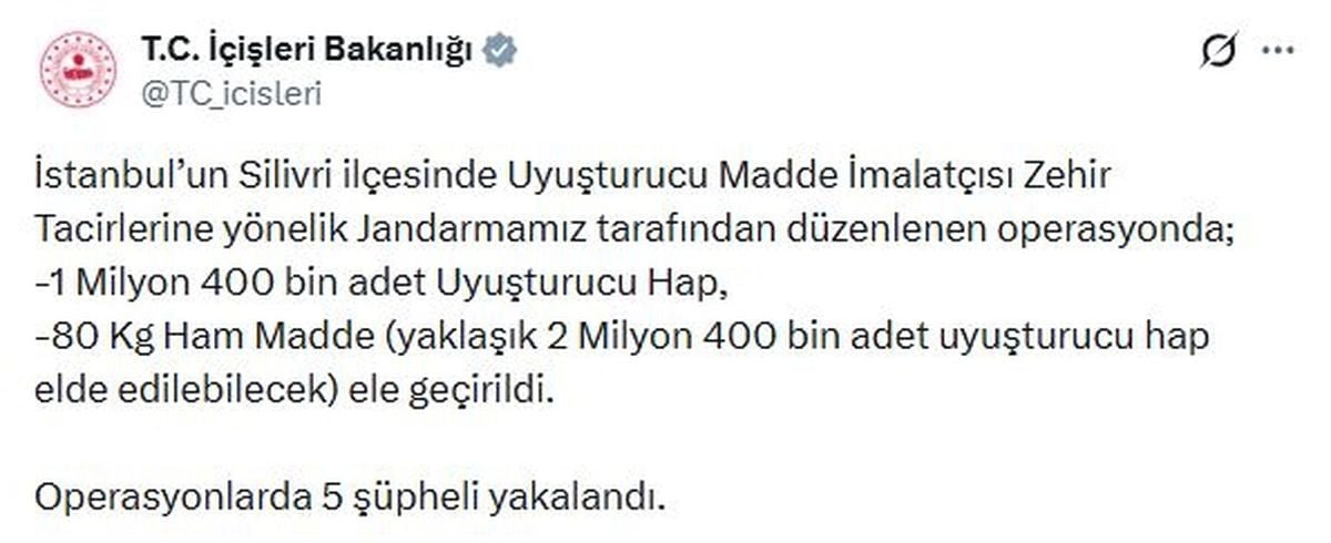 Silivri'de 1 milyon 400 bin uyuşturucu hap ele geçirildi