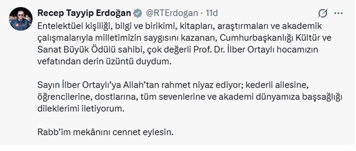 Cumhurbaşkanı Erdoğan'dan İlber Ortaylı için taziye mesajı