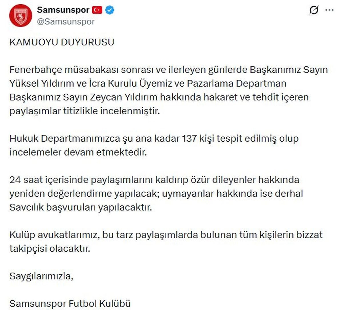 Samsunspor, hakaret ve tehdit paylaşımları için 137 kişi hakkında hukuki işlem başlatacak