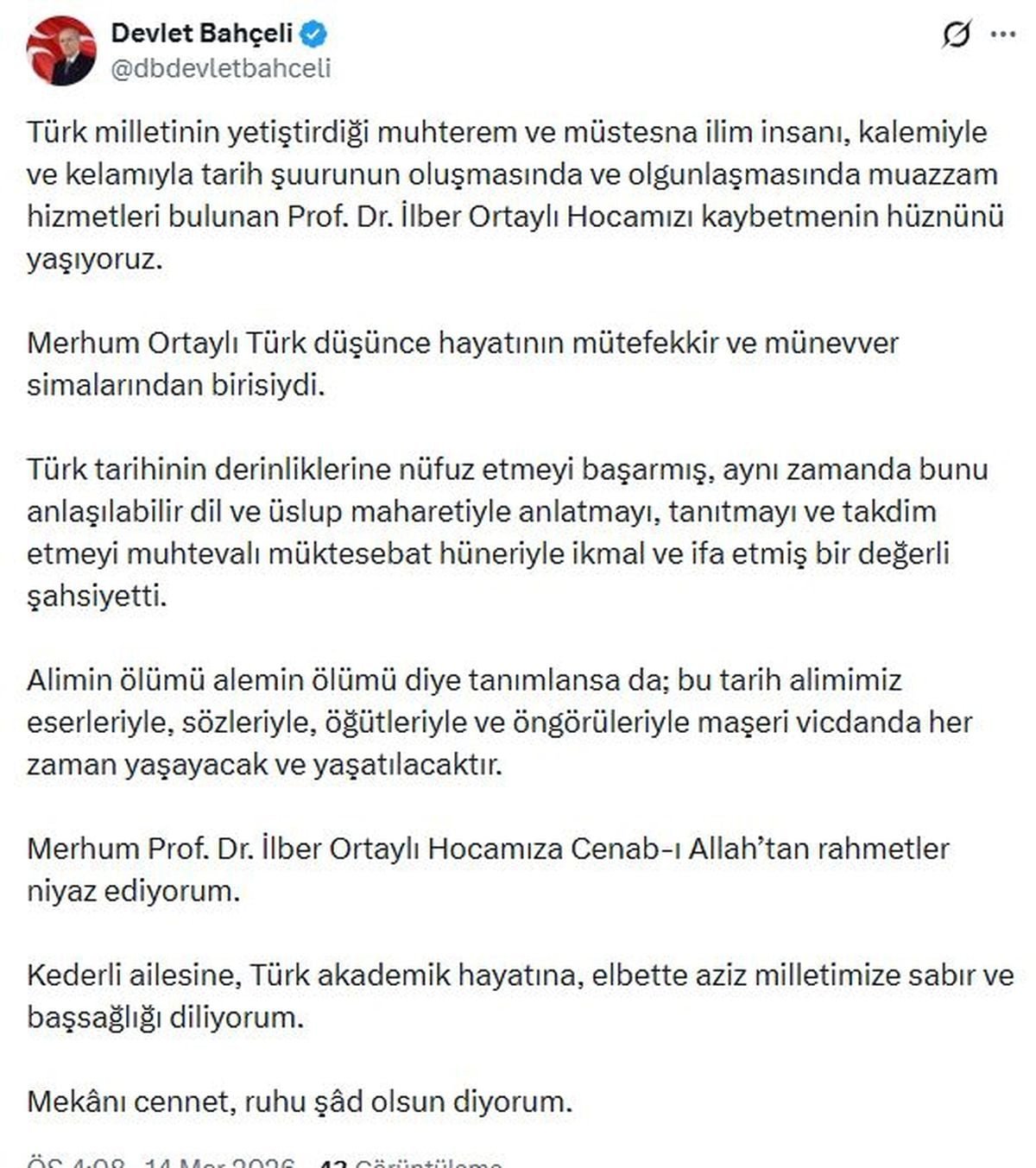 Bahçeli'den İlber Ortaylı için taziye mesajı