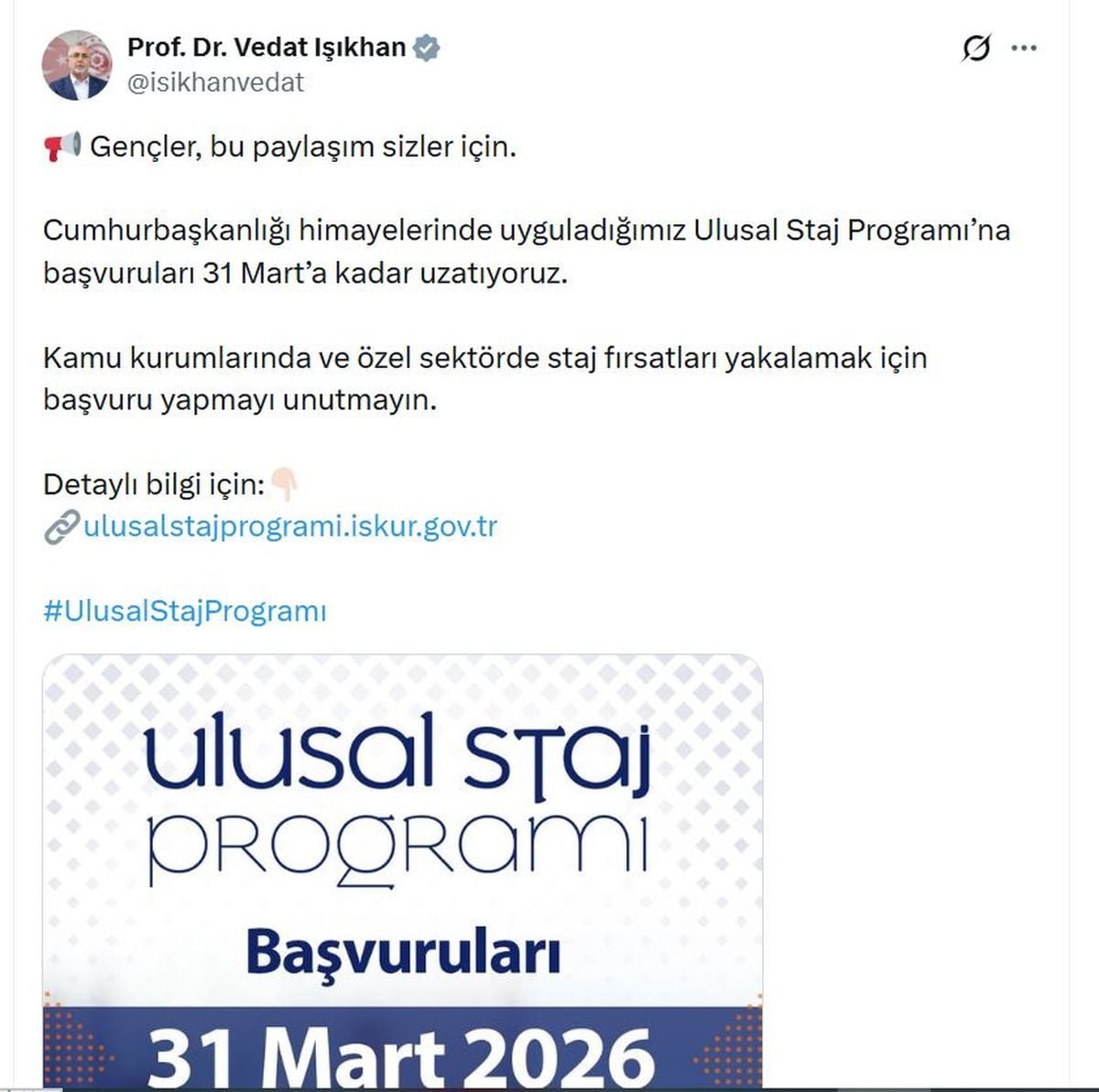 Ulusal Staj Programı'na başvurular uzatıldı