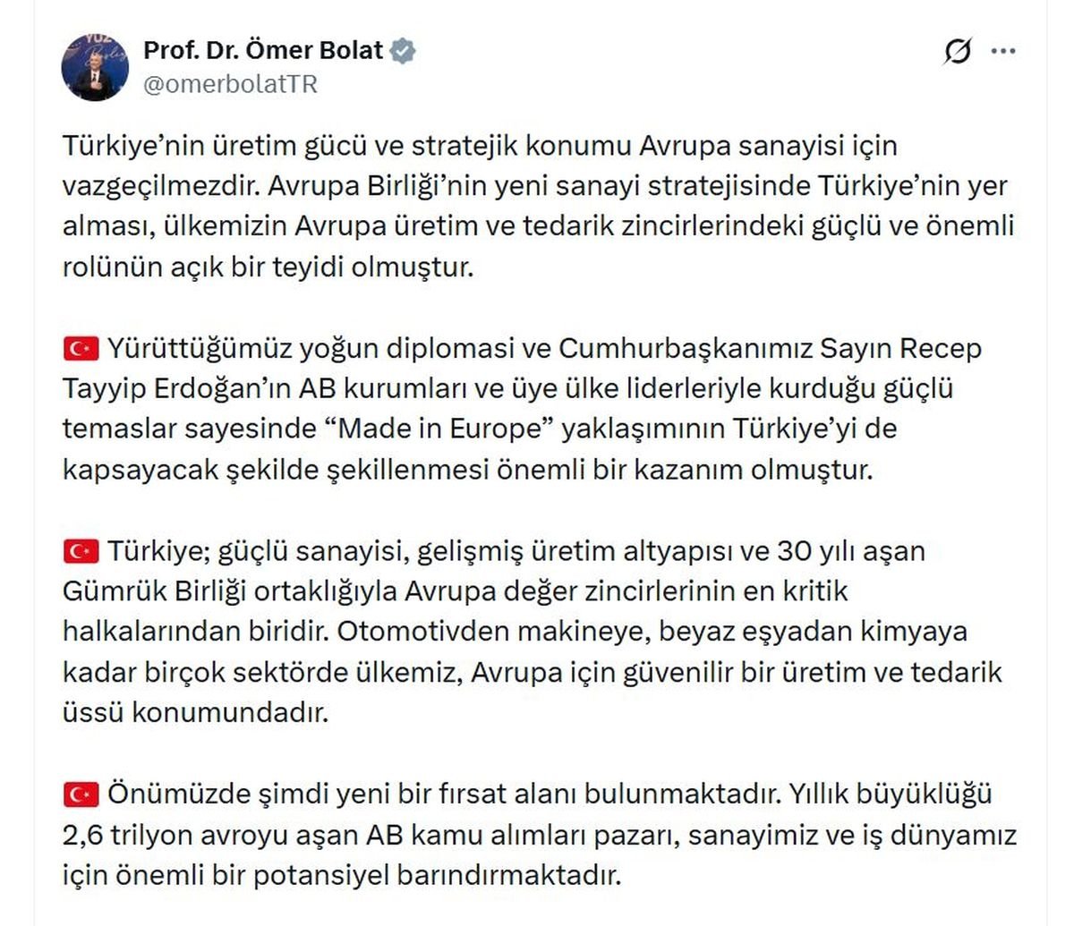 Bakan Bolat: 'Made in Europe' yaklaşımı önemli bir kazanım oldu