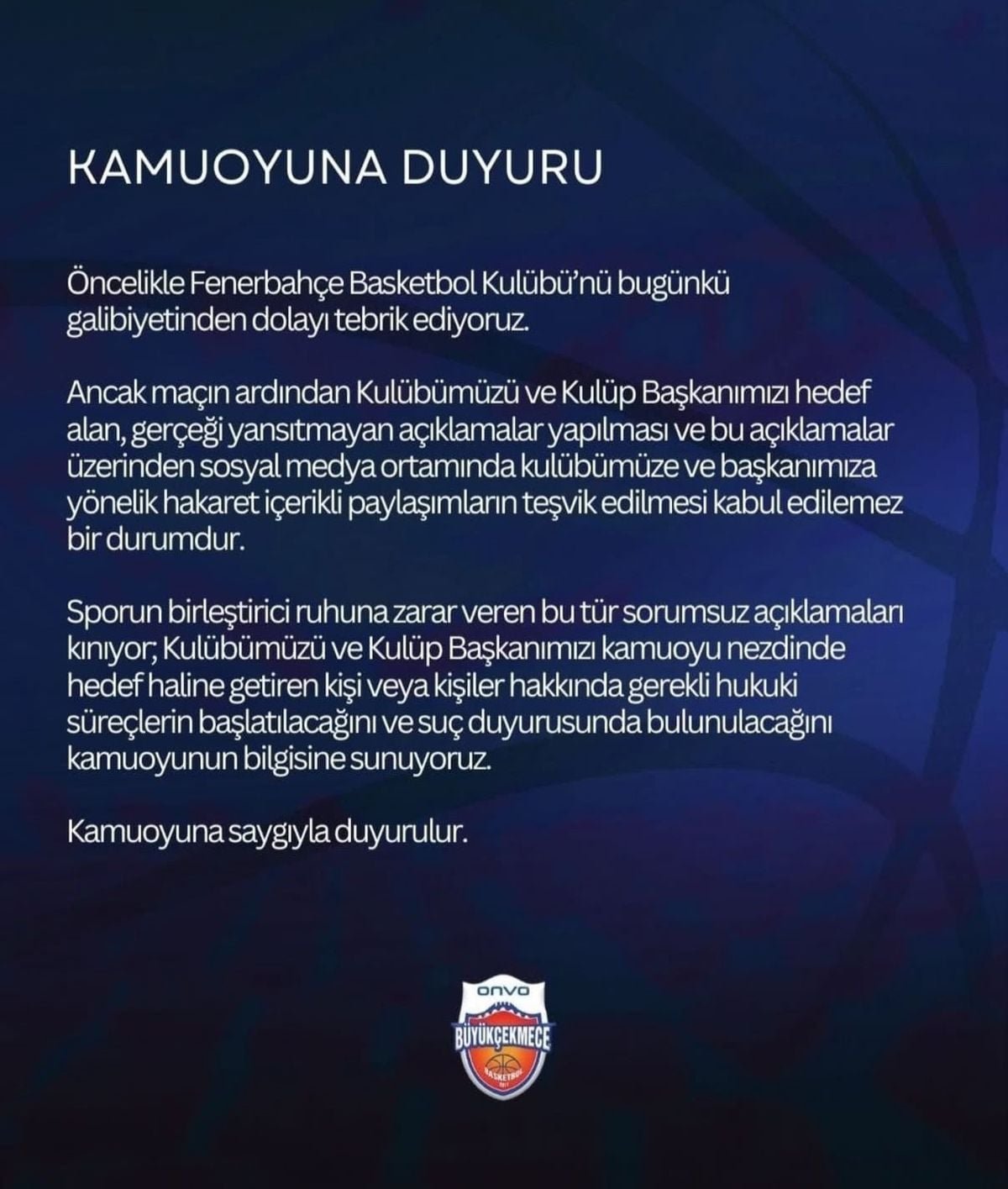 Büyükçekmece'den Fenerbahçe Beko maçındaki olaylarla ilgili açıklama