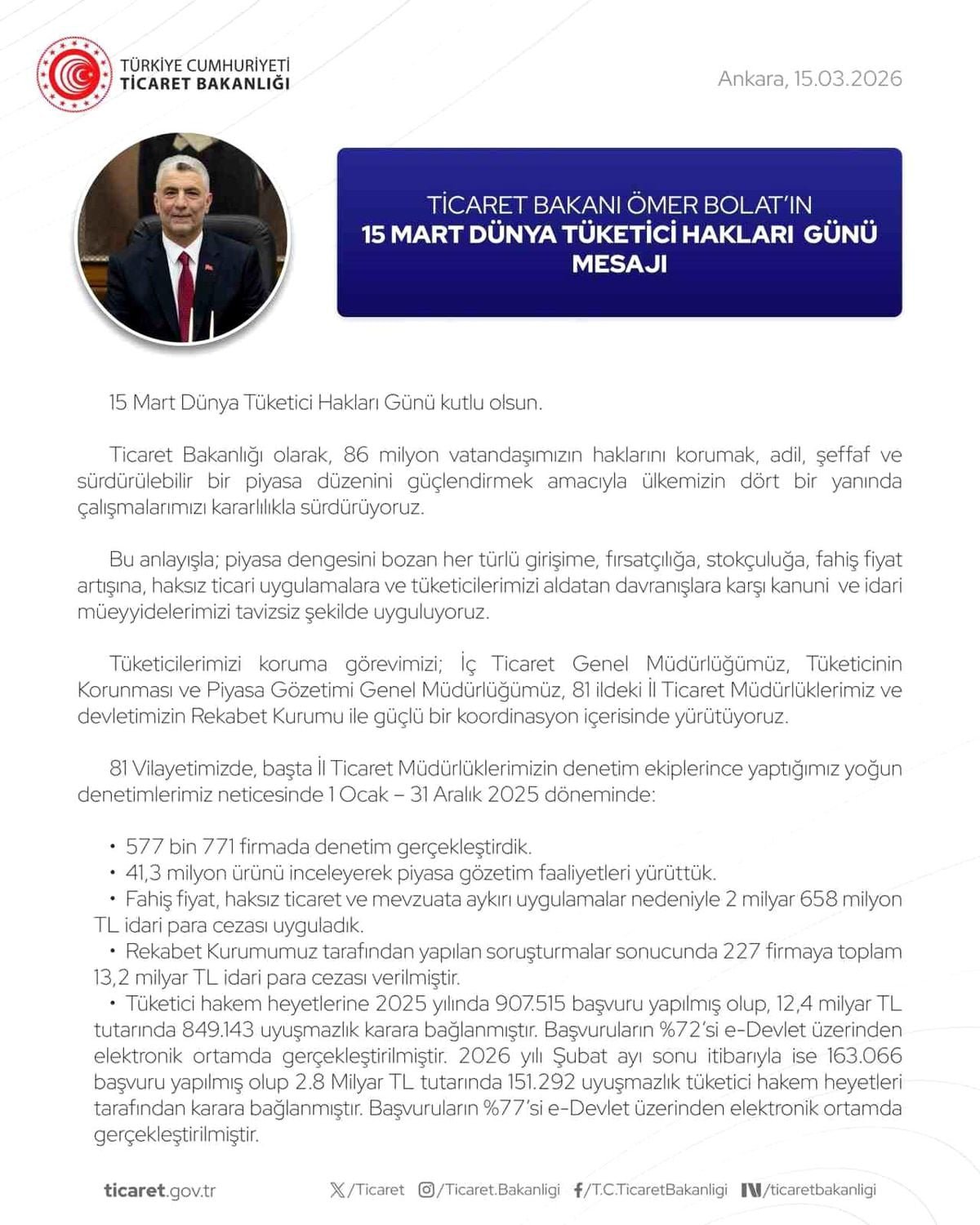 Bakan Bolat'tan Dünya Tüketici Hakları Günü mesajı