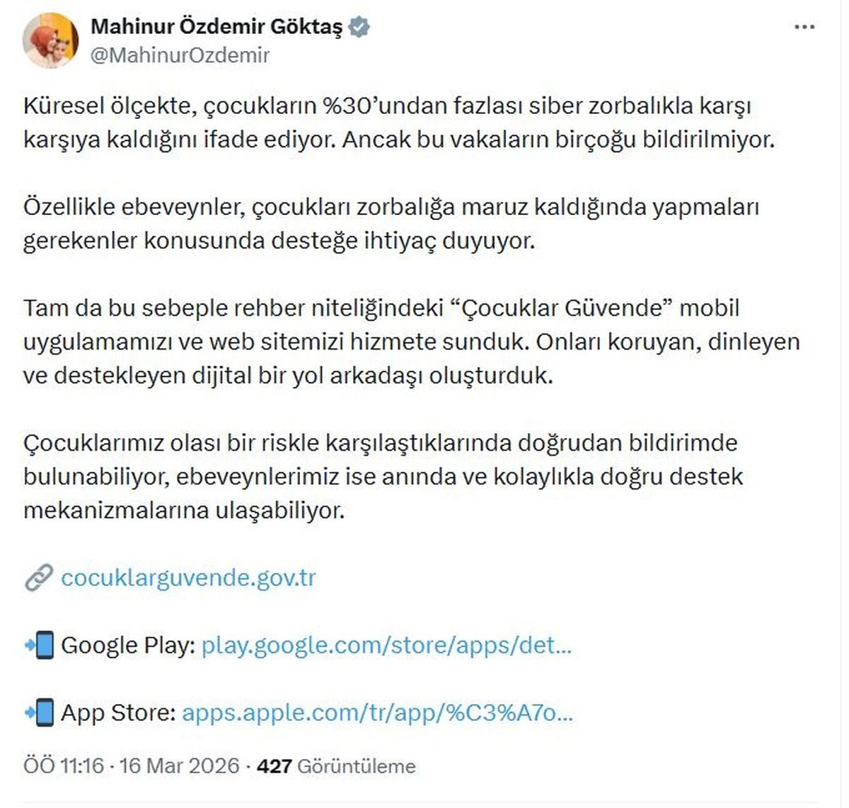 Bakan Göktaş: 'Çocuklar Güvende' mobil uygulamamızı ve web sitemizi hizmete sunduk