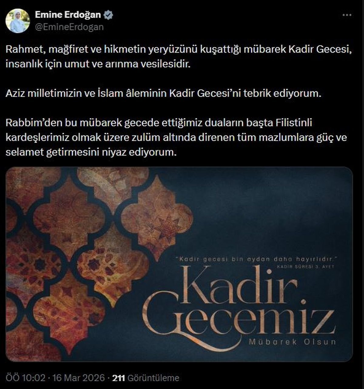 Emine Erdoğan'dan 'Kadir Gecesi' mesajı